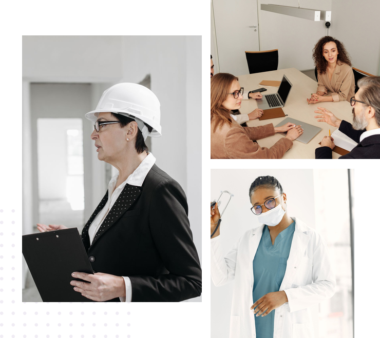Engenheira de segurança com prancheta, reunião com o cliente e profissional de saúde ocupacional